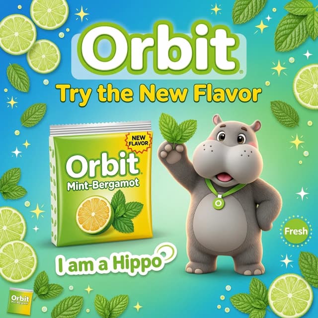 A vibrant advertising banner for a new flavor of Orbit chewing gum (Mint-Bergamot). The style is a mix of 2D vector illustration and colorful marketing design. 

Key elements: 
1. In the center: A packet of Orbit gum with lemon and bergamot accents, bright green and yellow packaging.
2. On the right side: A cute, fluffy, 3D-rendered hippo character (like a mascot) looking happy and fresh.
3. Background: A clean, energetic blue gradient background with floating mint leaves and lime slices.
4. Text placeholders (to be added in post): Space for text 'Orbit', 'Try the new flavor', 'I am a hippo'.

Lighting: Bright, studio lighting, high contrast, saturated colors.
Aspect ratio: 16:9.
Style keywords: Vector art, 3D render, playful, commercial, fresh, juicy, advertising, modern UI.