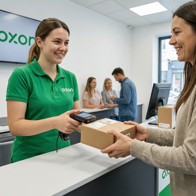 Close-up. An employee in an Ozon green uniform takes a parcel, scans it with a handheld terminal and hands it to a smiling customer over the counter.