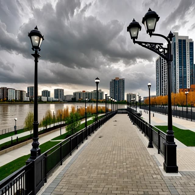 Wide-angle landscape shot of a riverside urban embankment, (city waterfront:1.2), modern apartment buildings and office towers in the background, a large river flowing in the mid-ground, a fenced-off sports court or sandy area next to the river, ornate black metal railings along the promenade, (classic street lamps:1.1) with multiple globe lights on the right, cloudy overcast sky, flat natural daylight, urban planning architecture, (photorealistic:1.2), architectural photography, sharp focus, high detail, expansive composition showing the transition from the city park area to the riverbed, clean perspective, natural muted color palette, 8k resolution, documentary style imagery.