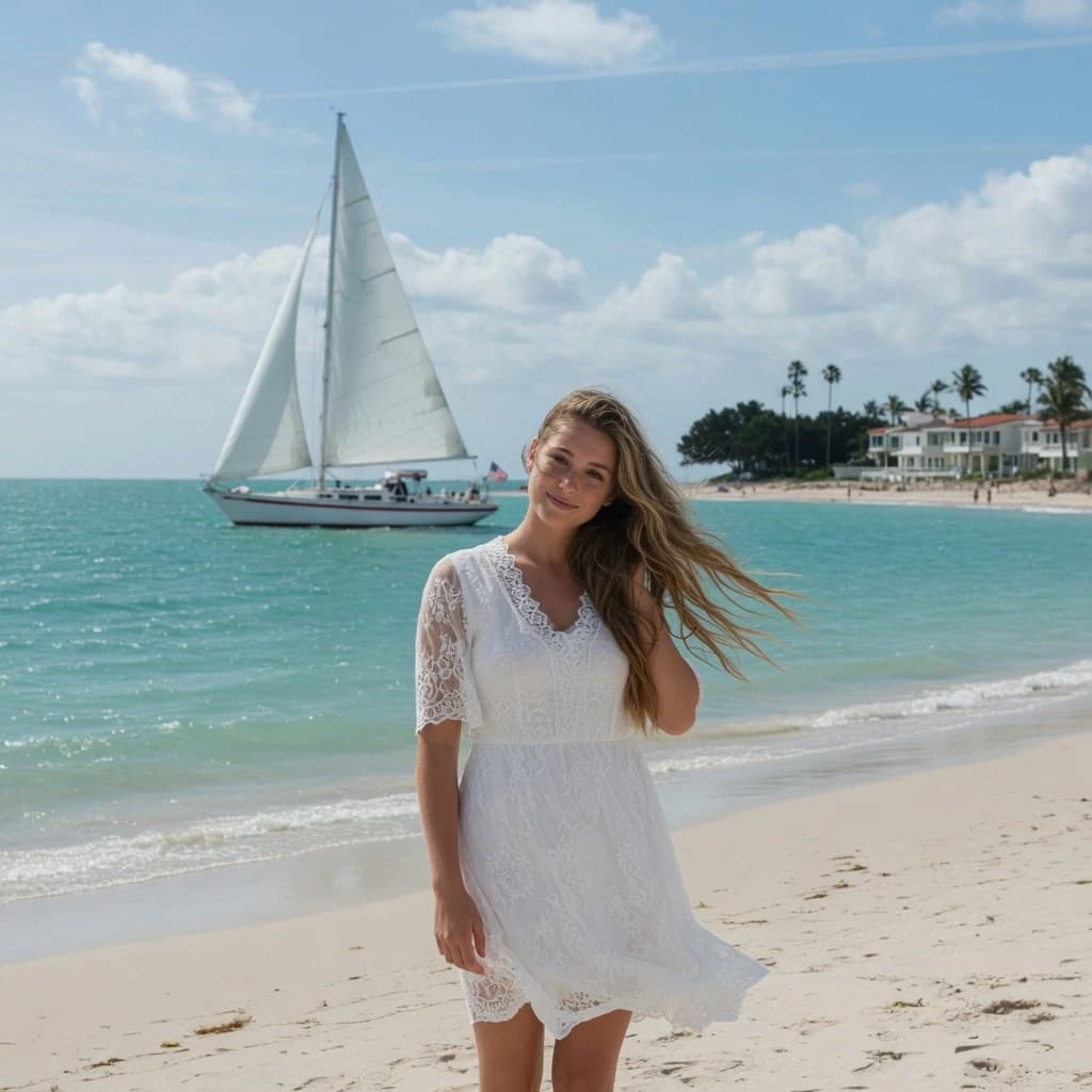 The image is a portrait of a young woman standing on a beach with a sailboat in the background. The woman is wearing a white dress with a lace overlay and has long, wavy hair that is blowing in the wind. She is looking directly at the camera with a slight smile on her face. The sky is blue with white clouds and the water is a beautiful turquoise color. The sailboat is white and appears to be sailing on the water. The beach is sandy and there are buildings and trees visible in the distance. The overall mood of the image is peaceful and serene