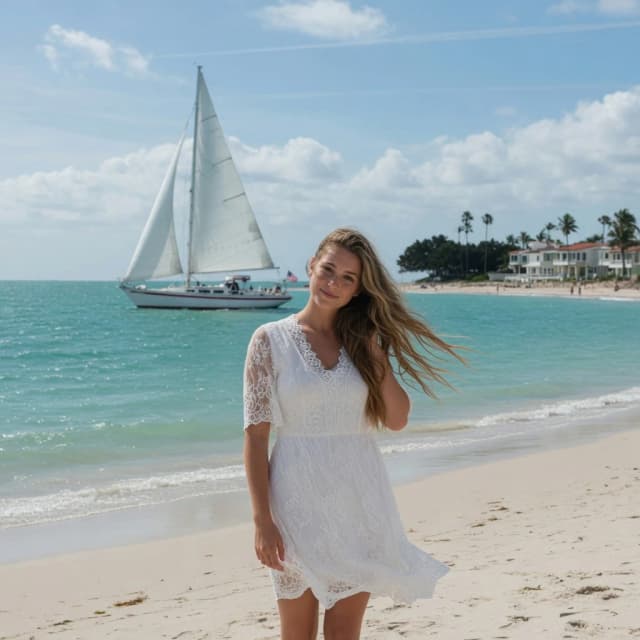 The image is a portrait of a young woman standing on a beach with a sailboat in the background. The woman is wearing a white dress with a lace overlay and has long, wavy hair that is blowing in the wind. She is looking directly at the camera with a slight smile on her face. The sky is blue with white clouds and the water is a beautiful turquoise color. The sailboat is white and appears to be sailing on the water. The beach is sandy and there are buildings and trees visible in the distance. The overall mood of the image is peaceful and serene