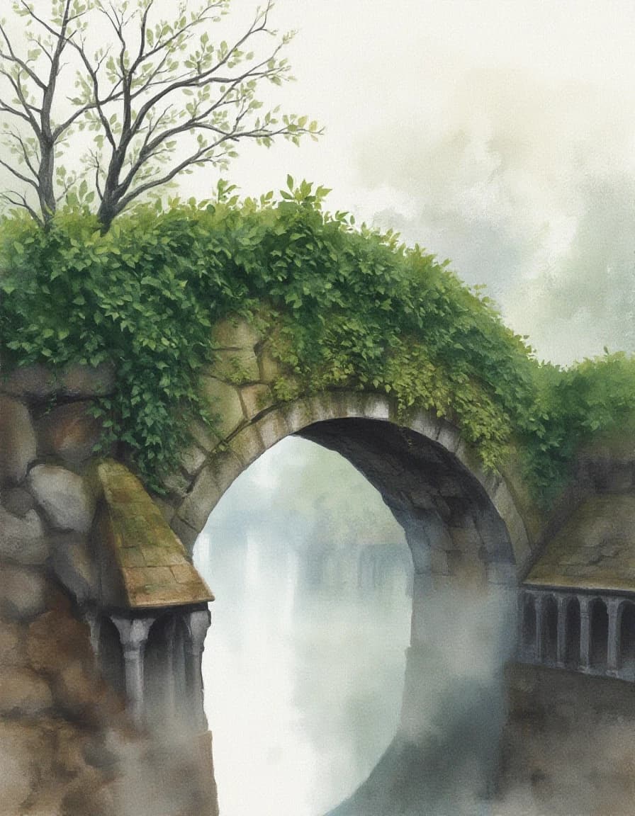 A masterpiece. Creating an image. The style is watercolor painting. Delicate watercolor on raw.((An ivy-covered stone bridge in the morning mist:1.6)). High resolution. High detail and clear texture. Intense close-up. High quality. Increased attention to small details. The aspect ratio is 3:4. The artists are Levitan, Shishkin.