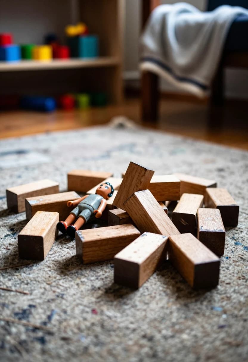 Realistic interior shot, 35mm lens, f/1.8, warm indoor lighting with a hint of daylight. A scattered pile of wooden building blocks lies on a worn rug: the paint is chipped and faded in places, revealing the grain of the wood, and the edges are softly rounded from years of use. Among the blocks, a small plastic figure with a worn surface rests on its side. In the background, a low shelf holds more toys, slightly out of focus, and a child’s sweater is draped over a chair. The lighting is soft and directional, creating gentle shadows that emphasize the textures and imperfections. The mood is quiet and lived‑in, capturing the sense of time and everyday play; colors are natural and subdued, with high attention to material detail.