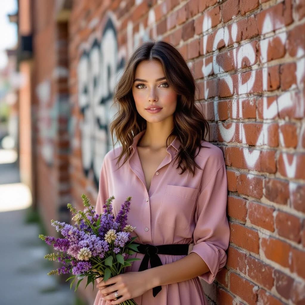 A young woman with wavy dark brown hair and freckles stands against an old brick wall on a narrow city alley. She wears a dusty pink shirtdress with an asymmetrical hem and a black velvet belt; the sleeves are rolled up to the elbows. She holds a carelessly arranged bouquet of buddleia, a few sprigs slightly fallen. She doesn't look at the camera, but gazes thoughtfully at the graffiti on the wall, as if remembering something. The photo was taken on 35mm film, in warm daylight, with a slight grain, crisp textures of brick and fabric, and a medium depth of field: the figure is in focus, the edges of the frame are slightly softer.