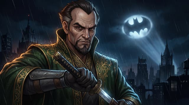 DC Comics (Франшиза), Ра’с аль Гул, держит меч, на фоне ночного Готэма, бэтсигнал в небе, стиль аниме с реалистичными деталями, крупный план, шедевр