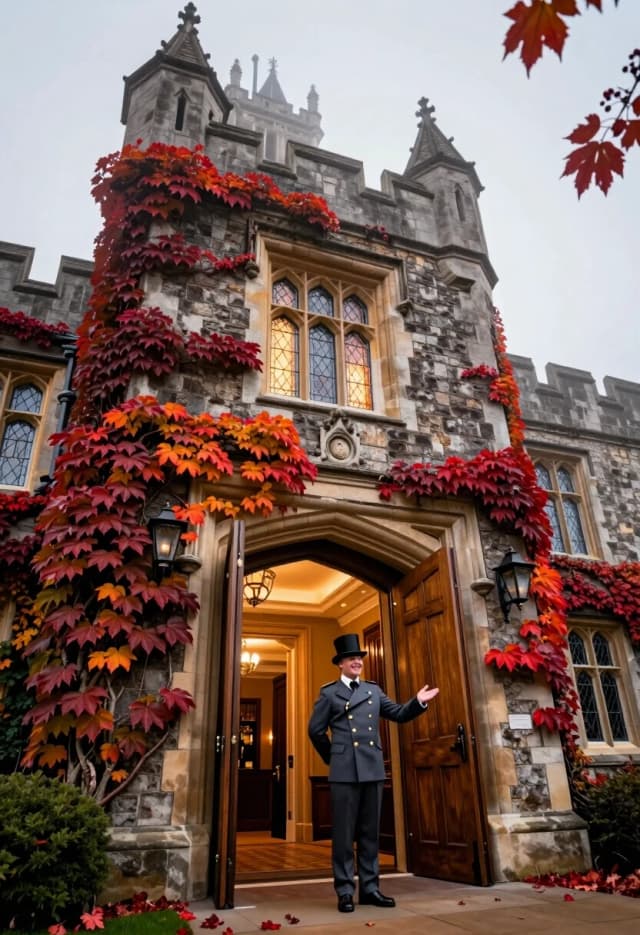 A hyper-realistic, wide cinematic shot of a majestic medieval English castle converted into a luxury vintage hotel. The massive grey stone walls are heavily entwined with thick, lush ivy that is transitioning into deep crimson and burnt orange hues of early autumn. The architecture is a blend of gothic spires and cozy hotel additions, with warm light glowing from the leaded glass windows. In the foreground, the grand oak entrance doors are wide open, revealing a glimpse of a opulent, warm lobby. Standing beside the entrance is a professional doorman in a classic charcoal grey uniform with gold buttons and a top hat, smiling warmly and gesturing with a welcoming hand, inviting the viewer to enter. The ground is lightly scattered with fallen red leaves. Soft, diffused autumnal sunlight, misty atmosphere, 8k resolution, extreme detail on stone textures and fabric, evocative and grand atmosphere.