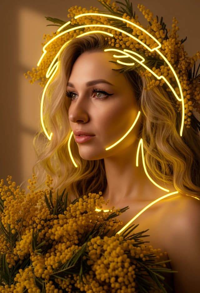 Detailed photo of the girl, with just a few minimal 8mm yellow LED neon lines as elegant accents on top of the flowers. Low density neon, simplified sparse light layout, large clean spaces between neon lines, only key contours are illuminated, bold single continuous tracks, perfect face preservation