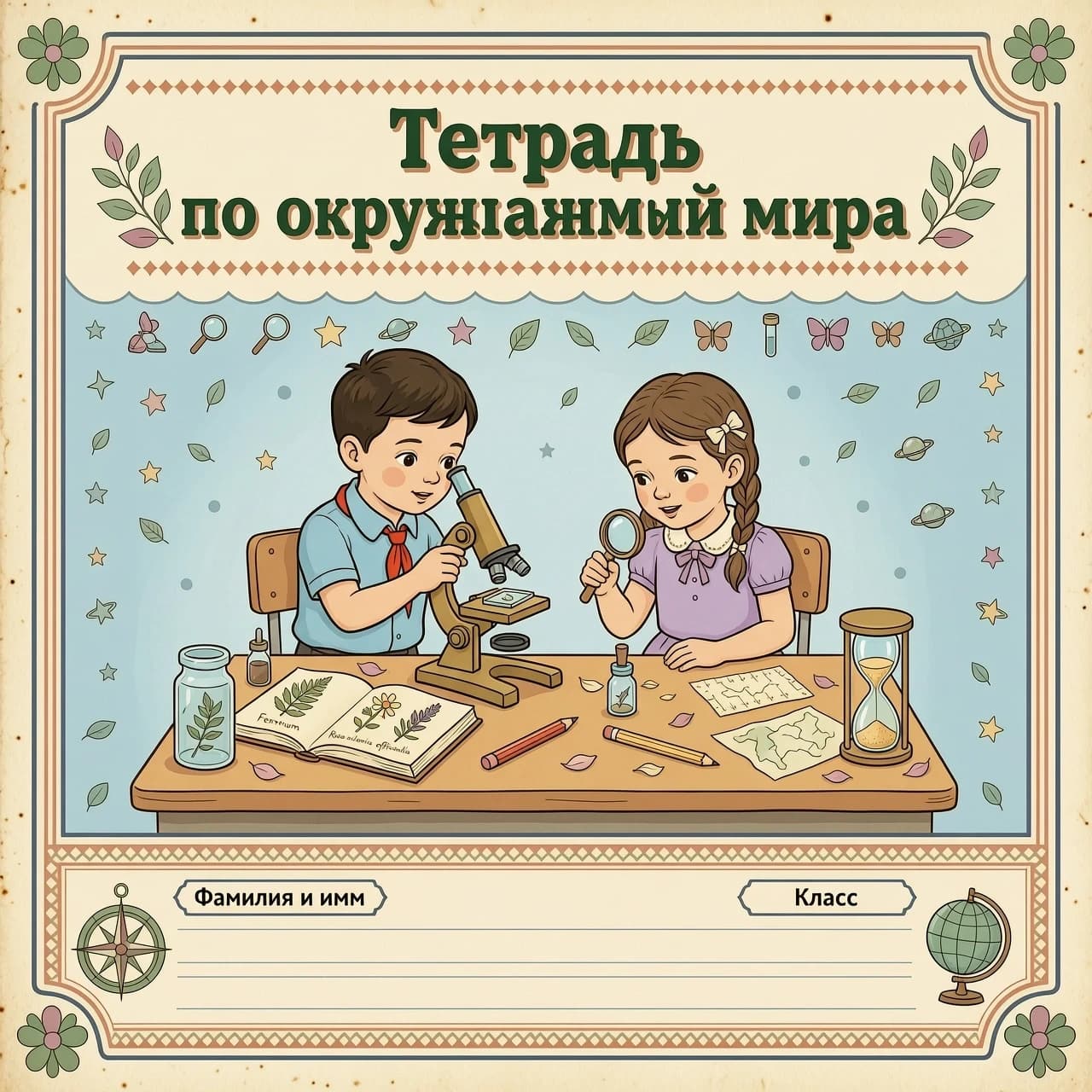 Картинка в винтажном стиле в пастельных тонах . Вверху картинки надпись:
Тетрадь 
по окружающему миру .
В центре картинки мальчик и девочка сидят за партой с микроскопом, лупой , гербарием, песочными часами.
Внизу картинки рамка, в которой линии для подписи тетради.