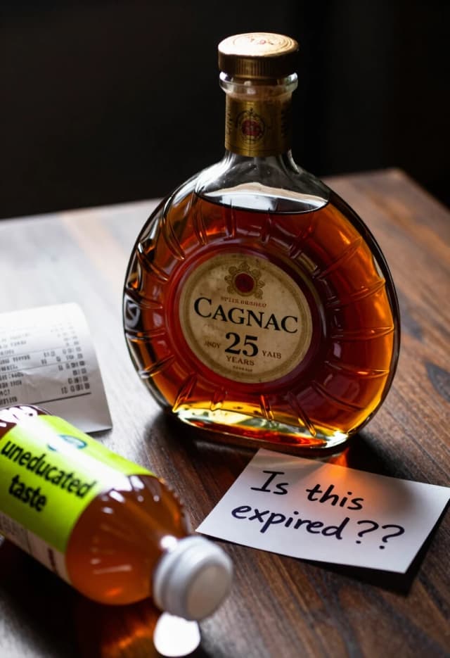 Photorealistic, 8K, macro shot, studio lighting. A close‑up of a vintage cognac bottle (Cognac XO, 25 Years Old) on a dark wooden table. The glass is crystal clear, the liquid inside is deep amber with rich golden reflections. The label is aged but elegant, with gold foil accents. In the foreground, slightly out of focus, a crumpled fast‑food receipt and a cheap plastic bottle with a bright label — a visual metaphor for “uneducated taste”. A handwritten note in messy handwriting lies next to the bottle: “Это просрочено???” The lighting is dramatic: a single warm beam highlights the cognac bottle, while the rest of the frame is in soft shadow. Mood: dramatic irony, high contrast between luxury and ignorance. No extra text overlays.