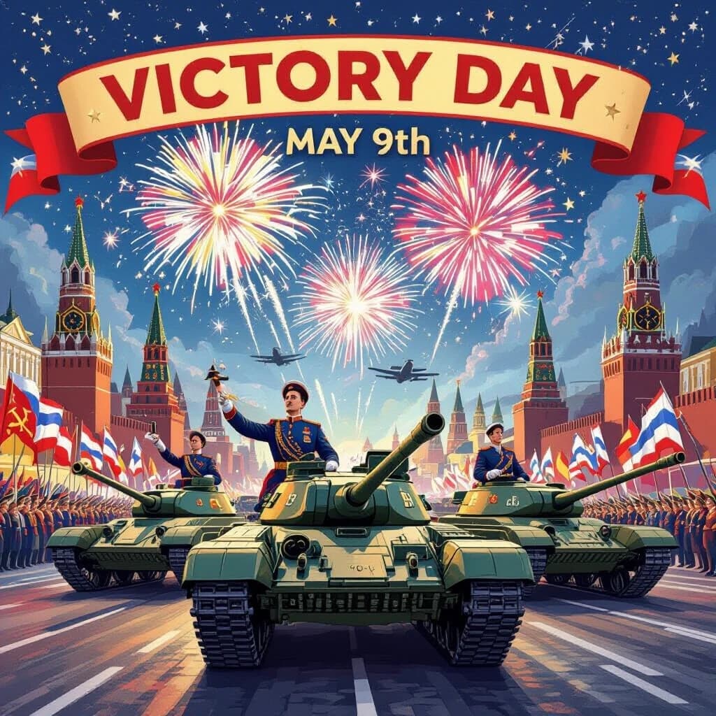 A highly detailed, vibrant illustration celebrating Victory Day on May 9th, featuring a majestic military parade with soldiers in ornate uniforms, grand fireworks illuminating the night sky, iconic Soviet-era tanks and aircraft, ornate ribbons and medals, patriotic symbols like the Soviet hammer and sickle, and a background of colorful flags and monuments, in a realistic and inspiring style with rich textures and dynamic lighting.