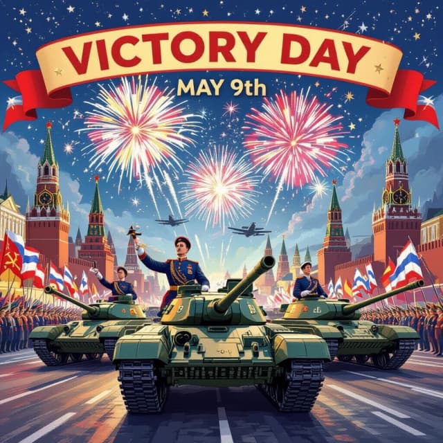 A highly detailed, vibrant illustration celebrating Victory Day on May 9th, featuring a majestic military parade with soldiers in ornate uniforms, grand fireworks illuminating the night sky, iconic Soviet-era tanks and aircraft, ornate ribbons and medals, patriotic symbols like the Soviet hammer and sickle, and a background of colorful flags and monuments, in a realistic and inspiring style with rich textures and dynamic lighting.