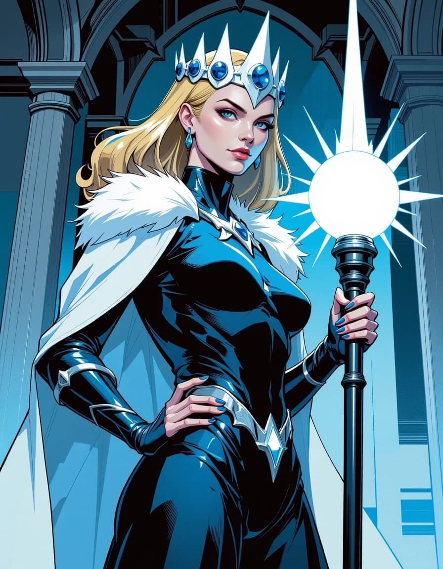 A masterpiece,  in the style of the 1980s, with bold lines, dynamic strokes and rich textures, on background with a touch of nostalgia, perhaps with subtle drawings inspired by cellulose and vintage, worn textures similar to paper, oil painting, celshading, a woman who looks about 30 years old, blonde blue shoulder-length hair with an open forehead, bright blue eyes, an imperious expression on a beautiful face with a small, neat nose and thin lips, dressed in a dark blue dress over which she wears a white fur coat, a white mithril tiara decorated with three sapphires on her head, holding a staff in her right hand made of ice, the tip of which wraps around a white sphere floating inside with 8 rays, 2d stylistics with cold colors conveying the atmosphere of the character's authority, against the background of the castle halls in the northern latitudes. simple background celshading,