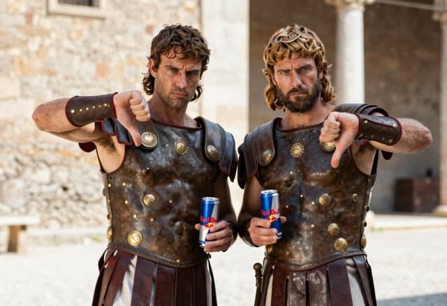 два древнеримских гладиатора стоят и держат в одной руке банку redbull а другой показывают жест большой палец вниз, с серьезным выражнием лица, на фоне солнечная погода