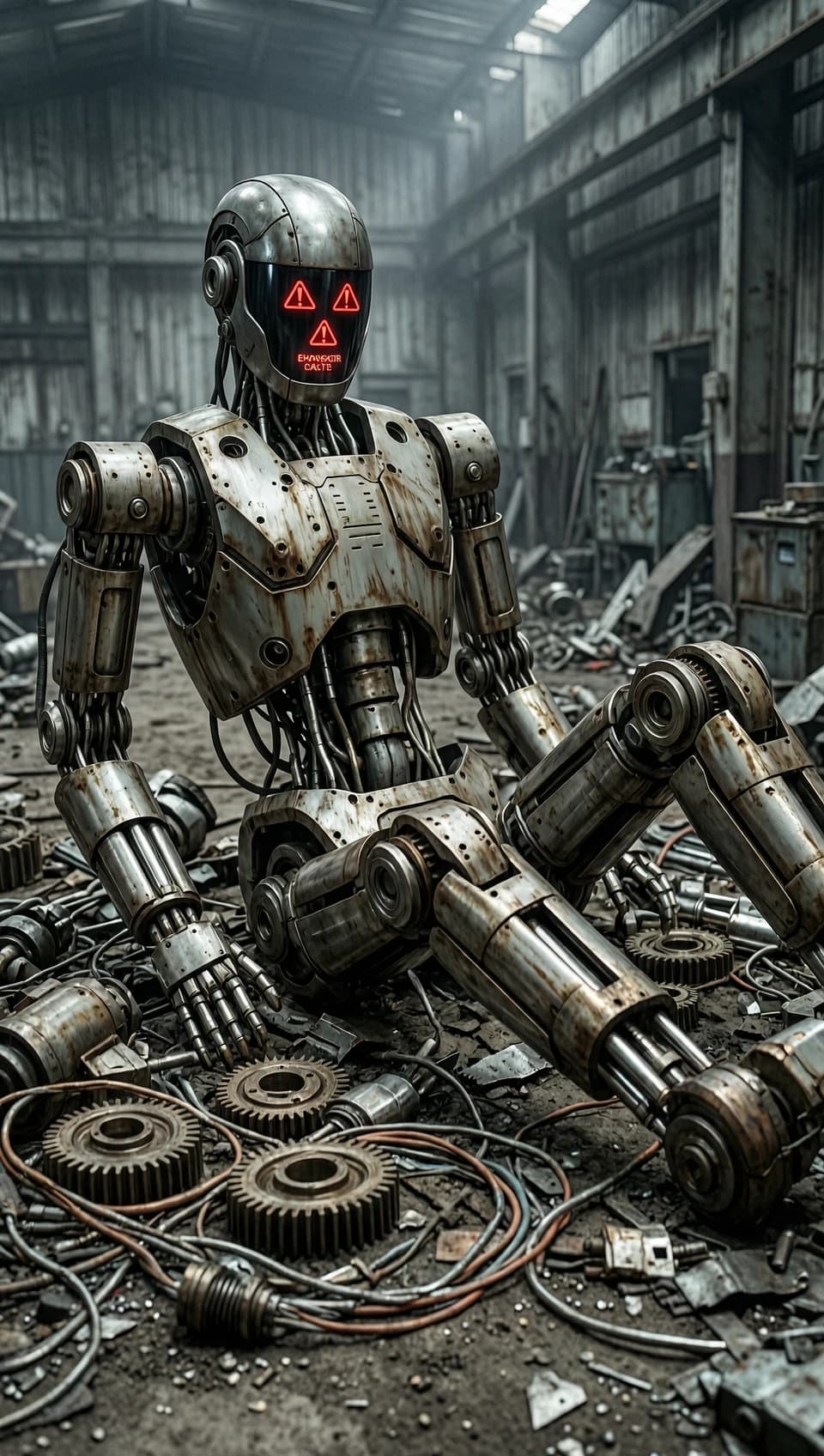 A realistic cinematic shot of a damaged heavy industrial robot experiencing a complete mechanical collapse of its lower extremity locomotion system. The robot on shattered leg joints, completely immobilized, resting on the ground. The head is purely mechanical, composed of a dark metallic visor. The visor displays bright glowing red system error icons, warning triangles, and flashing digital crash alerts instead of any emotional expression. No human face, no organic features. Scattered around the crash site are broken mechanical gears, severed copper cables, metallic pistons, and scrap debris. Hyper-detailed mechanical textures, weathered metal, scratches, oil stains, dust, photorealistic, dark industrial lighting, gloomy post-apocalyptic mood, highly accurate mechanical anatomy, 8k, abundance of small mechanical details.