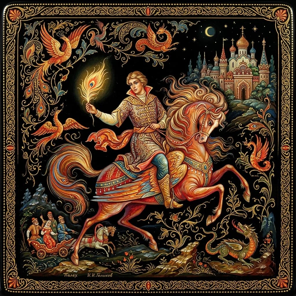 A masterpiece. Oil painting. ((Palekh miniature .Typical subjects of the Palekh miniature are borrowed from everyday life, literary works of classics, fairy tales, epics and songs. A number of compositions are based on the traditions of classical art. The works are usually done with tempera paints on a black background and painted in gold.)). Close-up. High resolution. High quality. Increased attention to small details. Hyperrealistic surrealistic style, fantasy. Increased attention to the smallest details and texture. The author is Ivan Golikov.