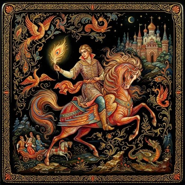 A masterpiece. Oil painting. ((Palekh miniature .Typical subjects of the Palekh miniature are borrowed from everyday life, literary works of classics, fairy tales, epics and songs. A number of compositions are based on the traditions of classical art. The works are usually done with tempera paints on a black background and painted in gold.)). Close-up. High resolution. High quality. Increased attention to small details. Hyperrealistic surrealistic style, fantasy. Increased attention to the smallest details and texture. The author is Ivan Golikov.