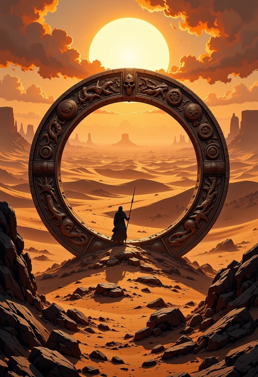 Circular emblem of a wild hunting desert tribe, intricately detailed tribal patterns and primitive totems engraved on weathered sandstone and aged bone, centered in the frame. Background features a vast, undulating desert with sweeping sand dunes under a relentless, scorching midday sun. Intense cinematic lighting with harsh shadows and brilliant highlights, heat haze shimmering on the horizon. High-detail textures of cracked earth and wind-blown sand. Composition: symmetrical emblem shot, wide angle, epic scale. Style: hyper-realistic digital art with a gritty, cinematic feel, reminiscent of high-end concept art. Mood: primal, harsh, majestic, and sun-drenched. Medium: detailed matte painting with sharp focus on the emblem's textures.