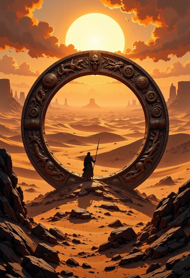 Circular emblem of a wild hunting desert tribe, intricately detailed tribal patterns and primitive totems engraved on weathered sandstone and aged bone, centered in the frame. Background features a vast, undulating desert with sweeping sand dunes under a relentless, scorching midday sun. Intense cinematic lighting with harsh shadows and brilliant highlights, heat haze shimmering on the horizon. High-detail textures of cracked earth and wind-blown sand. Composition: symmetrical emblem shot, wide angle, epic scale. Style: hyper-realistic digital art with a gritty, cinematic feel, reminiscent of high-end concept art. Mood: primal, harsh, majestic, and sun-drenched. Medium: detailed matte painting with sharp focus on the emblem's textures.