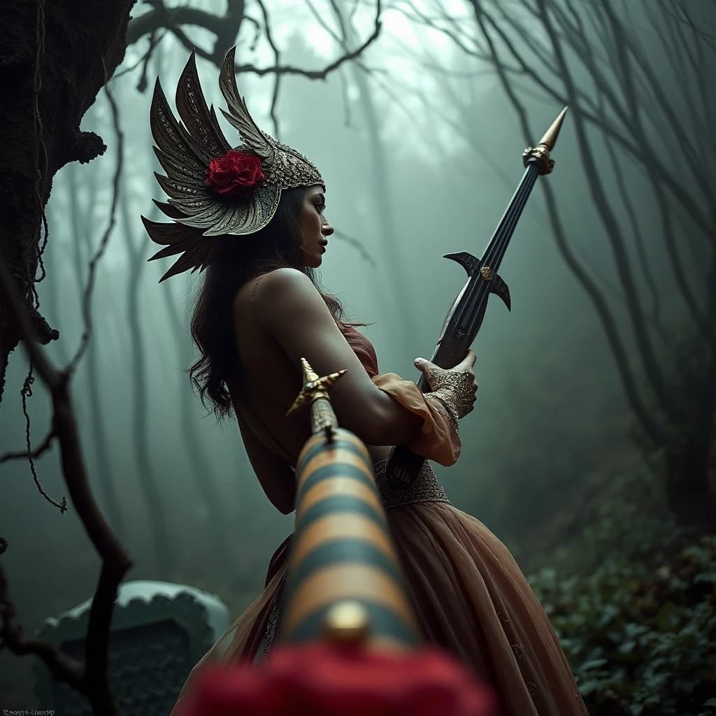 Aristocratic Irresistible Female Hunter, Panorama, Gloomcore, pov, fine artistic composition, magical atmosphere, cinematic perfect intricate stunning fine detail, background inspired, ambient illumination, sublime, great composition, theatrical, illustrious quality