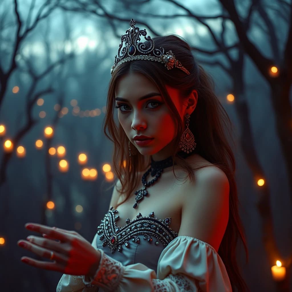 Aristocratic Irresistible Female Hunter, Panorama, Gloomcore, pov, fine artistic composition, magical atmosphere, cinematic perfect intricate stunning fine detail, background inspired, ambient illumination, sublime, great composition, theatrical, illustrious quality