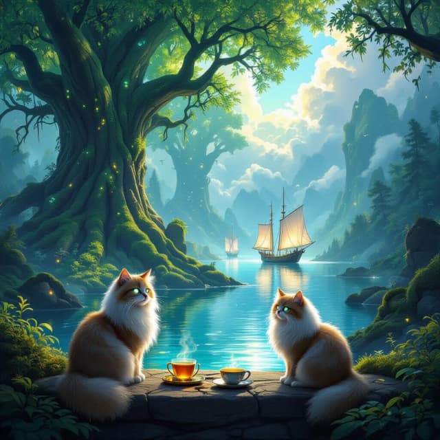Epic fantasy digital painting, a magical glowing forest with towering ancient trees with bioluminescent leaves, lush green moss, and floating glowing spores. In the distance, a crystal-clear lake reflects fluffy white clouds and majestic sailing ships with glowing silver sails floating peacefully on the water. In the foreground, a wise fluffy cat sits on a stone ledge, looking at the viewer with glowing eyes. A mystical glowing compass and a cup of hot tea are on the table next to the cat. Soft ethereal sunlight breaking through the mist, cinematic volumetric lighting, deep rich colors, highly detailed, 8k, masterpiece, artstation style.