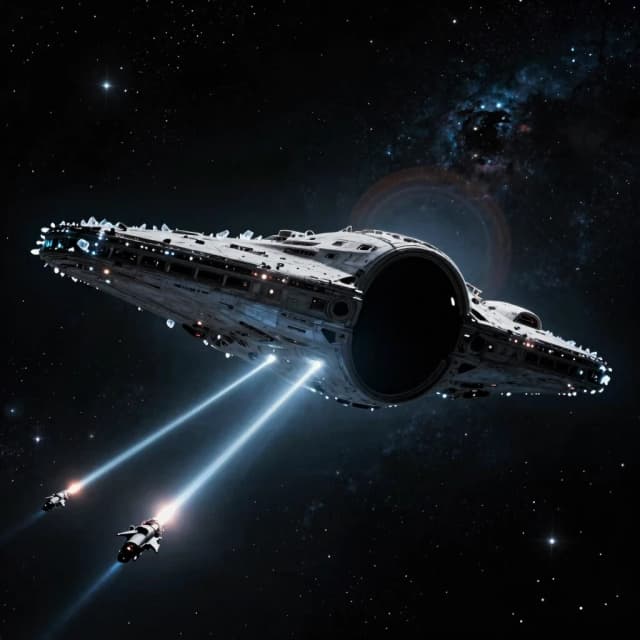 Hyperrealistic cinematic render of an invisible alien stealth capital ship barely hinted in deep space: a vast million-ton silhouette existing only as an absence — a region of starless black against the starfield, light bending subtly around an invisible hull, a few floating crystalline debris fragments glinting at its edges as the only proof of its shape. Faint gravitational lensing warping the light of a distant nebula around the emptiness. A tiny allied fleet in the far foreground, dwarfed, firing converging beams into nothing — and at the point where the beams meet, reality shimmering like heat haze as something vast is forced to become visible. Cold deep space palette, hyperdetailed, ominous atmosphere, cinematic, 8k --ar 21:9