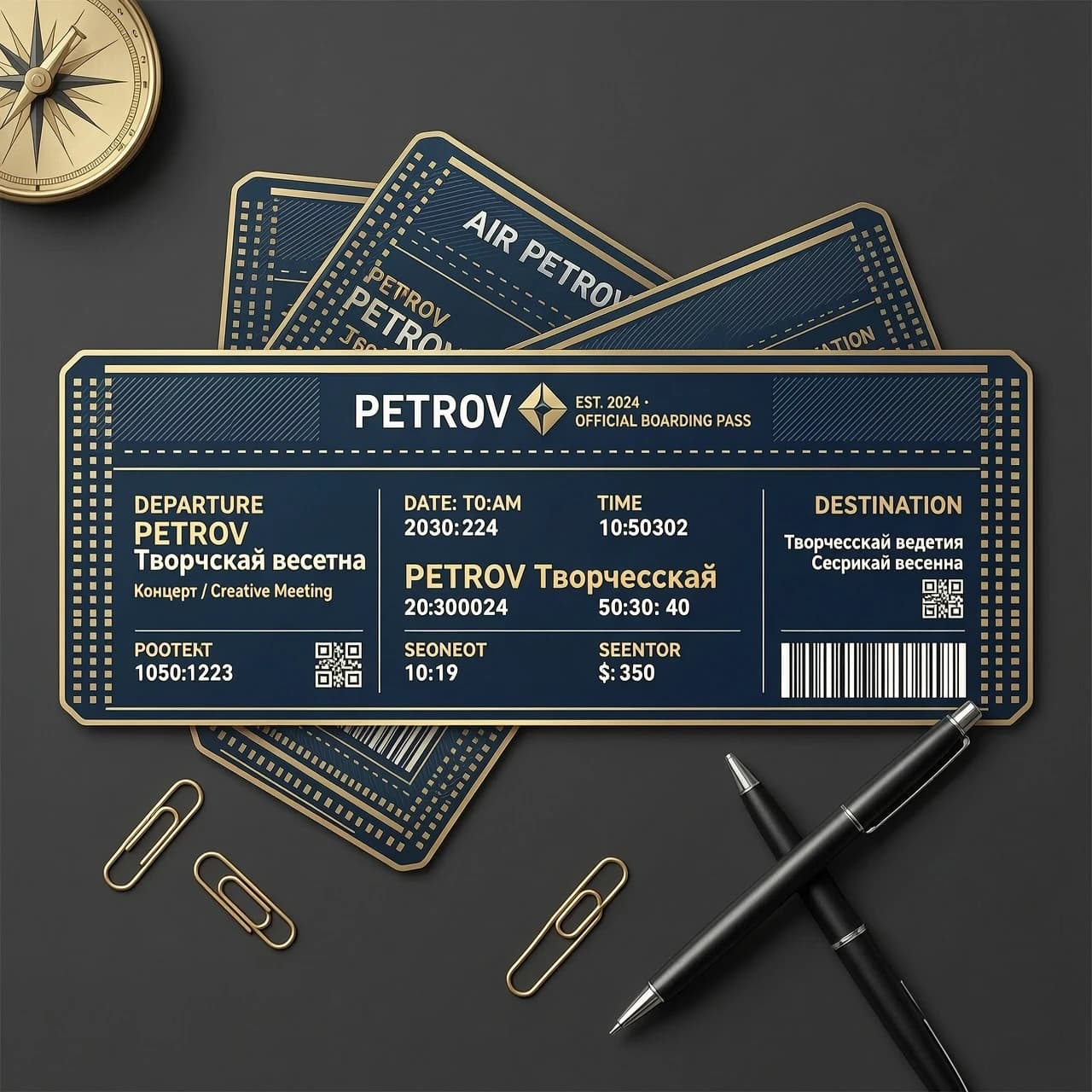 создай пример билета на концерт с надписью "PETROV Творческая встреча" в виде посадочного талона на самолёт