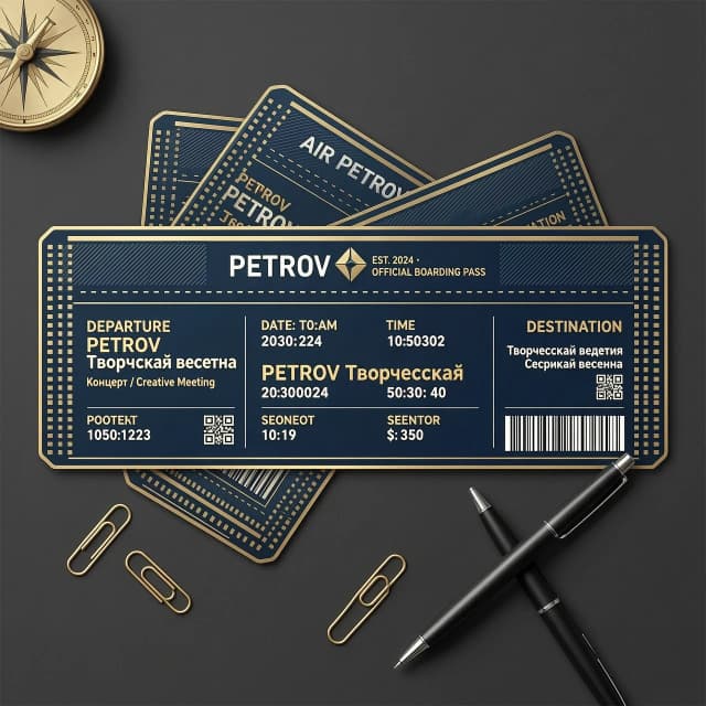 создай пример билета на концерт с надписью "PETROV Творческая встреча" в виде посадочного талона на самолёт