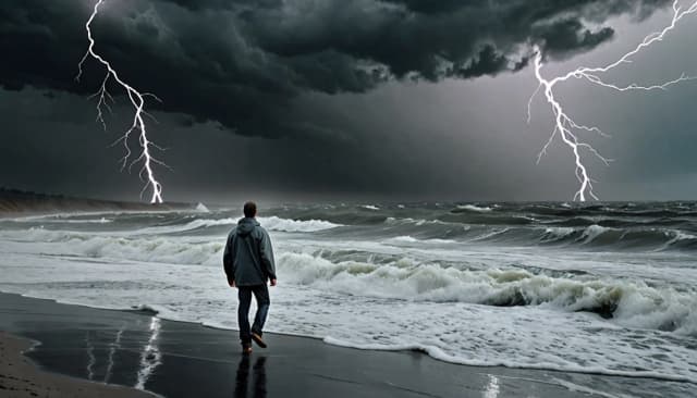 Берег океана. Бушующие волны. Мужчина идет вдоль кромки воды. Серое грозовое небо, густой туман. На горизонте видны всполохи грозы.