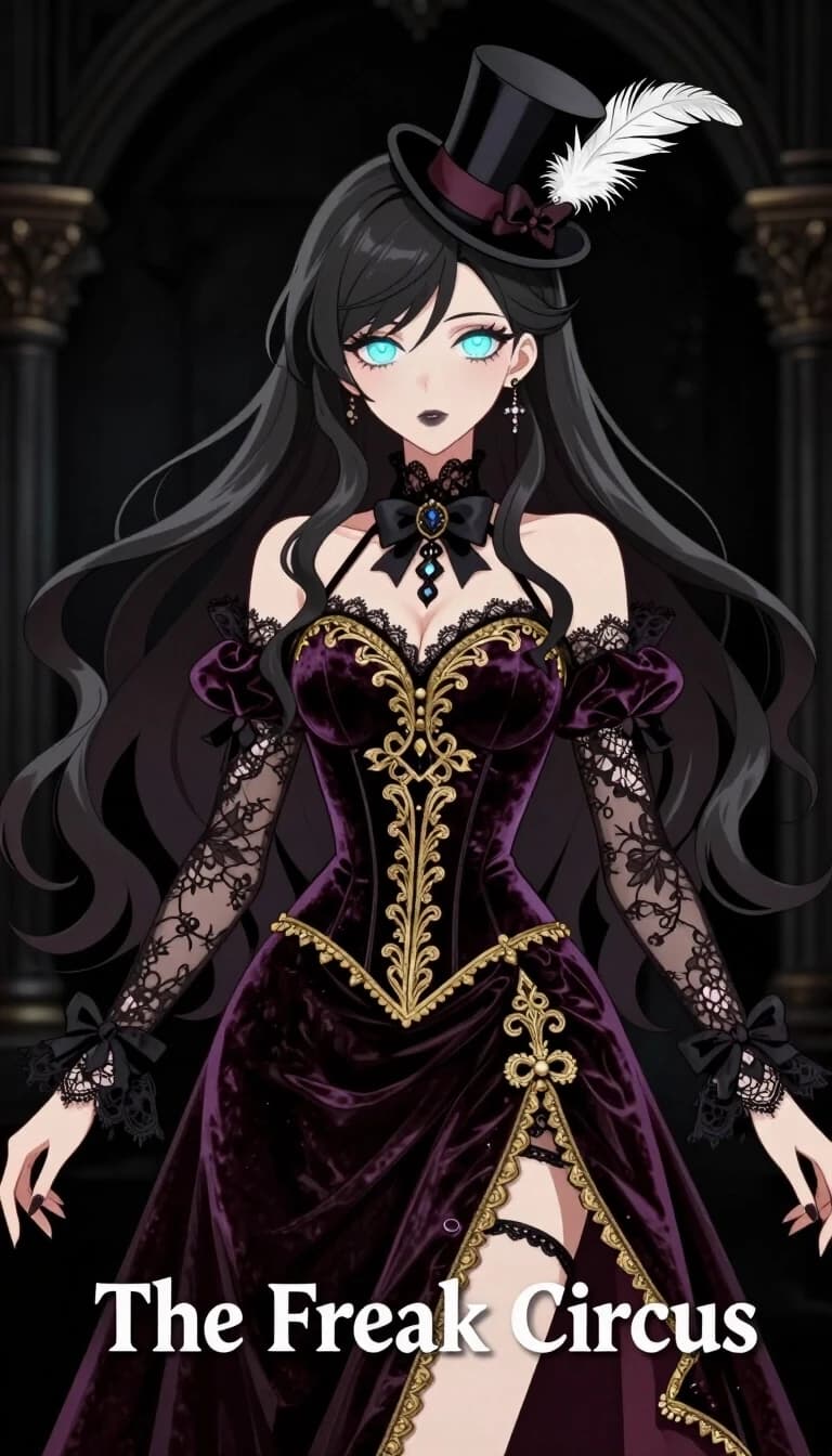 2D Anime Visual novel character sprite style, elegant gothic fortune teller woman, "The Freak Circus" aesthetic, long flowing dark hair, mesmerizing glowing eyes, wearing an ornate dark velvet corset dress with gold embroidery, sheer lace sleeves, and a miniature top hat with feathers. Mysterious and eerie vibe, sharp features, dark fantasy illustration, smooth shading, professional character design presentation.