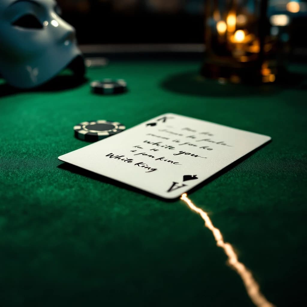 Premium A5 book cover for a detective thriller, vertical orientation. Cinematic realism, hyper-detailed photorealism. 

Composition: A macro close-up shot of a professional poker table covered in deep emerald-green felt. In the center, a single, slightly worn playing card—a "White King" without a suit, featuring a minimalist crown contour and an empty shield. The card is textured, with faint, handwritten script visible through the paper as light bleeds through it. Beside the card lie two or three high-end casino chips and a sharp, thin crack of light cutting through the darkness, like a focused spotlight. 

In the polished, dark reflection of the table's surface, there is a ghostly, sophisticated white masquerade mask and the blurred, bokeh lights of Monte Carlo. In the upper corner, subtly out of focus behind frosted glass, a small, elegant terrarium reveals the faint, non-grotesque silhouette of a scorpion. In the far distance, visible through a window, a magnificent, glowing modern cruise liner glides on the dark sea.

Atmosphere: Cold luxury, intellectual tension, and an impending sense of threat. A light haze hangs in the air with microscopic dust particles dancing in a single dramatic light beam.

Color Palette: Deep obsidian black, rich emerald green, polished gold, subtle blood-burgundy accents, and sharp silver highlights.

Typography (Russian language only):
Top: "АННА АРХАНГЕЛЬСКАЯ"
Королевский флеш:
СТАВКА МАГИСТРА