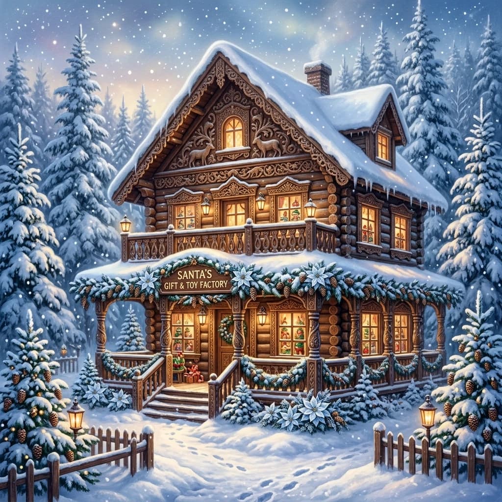 A carved house with a balcony and a veranda, comfortably located in a winter forest surrounded by fluffy fir trees under large spreading branches. Bright white poinsettias and fir cones serve as decorations for the Santa Claus gift and toy factory. Style:Winter fantasy art, fairy tale, subtle textures and shadows create a sense of depth. The inner light. High quality, 4k, sophisticated detail, architecture. .(Poinsettia and fir branches.) The flowers are white, turning into white-blue, dark green, white-golden. ((Colors of the winter composition): (white with a blue tint, icy white, pearl-silver). (Background color)) (pearl-white with a bluish tinge silver-white, silver-blue with a pearlescent tinge, silver-blue