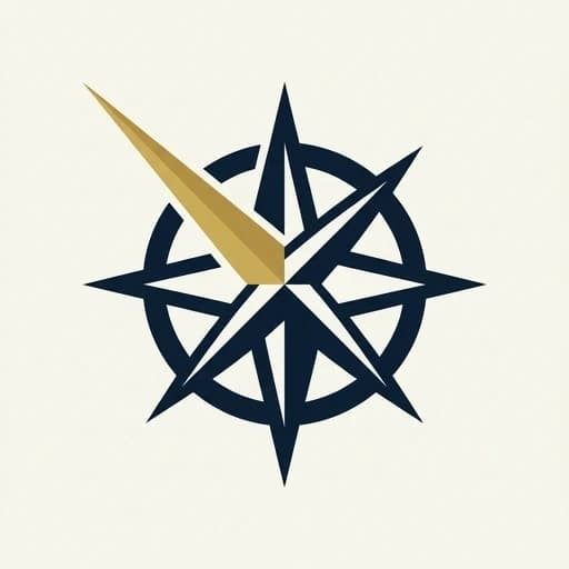 Minimalist, award-winning vector logo icon. A sophisticated compass rose constructed from intersecting negative-space architectural beams. Instead of a standard 4-point star, the north pointer elongates upward and transforms into a diagonal ray of light (beacon), cutting through the dark. The design is asymmetrical, geometric, and relies entirely on clean, bold negative space. Style: modern corporate, Swiss Style, heavy geometric sans-serif influence. Color palette: deep midnight blue (#0a192f) and aged brass gold (#c9a84c) on an ivory background. Extremely bold silhouette, scalable down to favicon size. No gradients, no photorealistic textures. --ar 1:1 --v 6.0 --s 400 --no realistic, shadows, clutter, standard star shape, travel agency