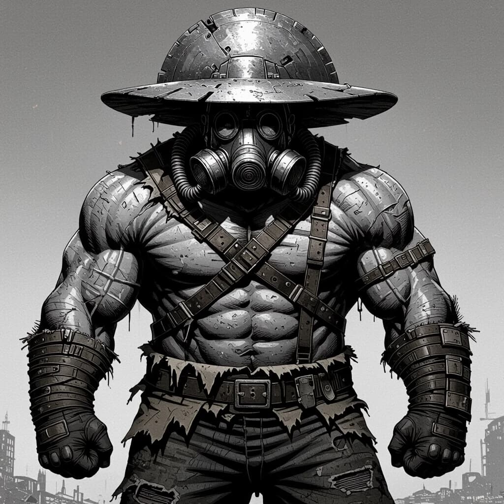 A hulking, massively muscular giant of a man, a post-apocalyptic trader with an enormous, heavily built physique, broad shoulders like a bull, his entire body wrapped in a chaotic mess of tattered rags, frayed cloth, and scavenged leather straps, his face hidden behind a sinister respirator gas mask with multiple corrugated tubes, but instead of a hat, a gigantic, heavy metal disc rests flat on his head like a wide brim, looking like a salvaged industrial saw blade or shield, black and white ink illustration, highly detailed cross-hatching and stippling, gritty texture, extreme high contrast, cinematic dramatic lighting with deep shadows, imposing silhouette, raw post-apocalyptic vibe, sharp focus, masterpiece