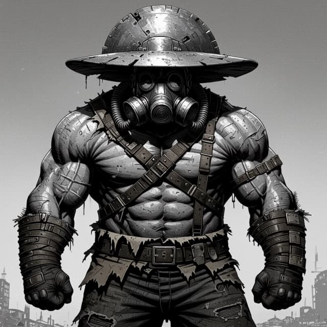 A hulking, massively muscular giant of a man, a post-apocalyptic trader with an enormous, heavily built physique, broad shoulders like a bull, his entire body wrapped in a chaotic mess of tattered rags, frayed cloth, and scavenged leather straps, his face hidden behind a sinister respirator gas mask with multiple corrugated tubes, but instead of a hat, a gigantic, heavy metal disc rests flat on his head like a wide brim, looking like a salvaged industrial saw blade or shield, black and white ink illustration, highly detailed cross-hatching and stippling, gritty texture, extreme high contrast, cinematic dramatic lighting with deep shadows, imposing silhouette, raw post-apocalyptic vibe, sharp focus, masterpiece