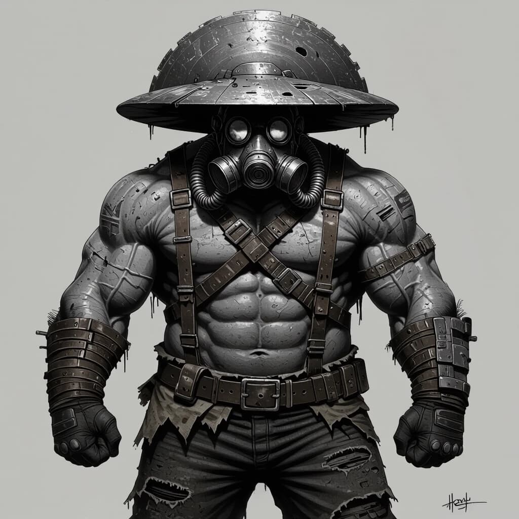 A hulking, massively muscular giant of a man, a post-apocalyptic trader with an enormous, heavily built physique, broad shoulders like a bull, his entire body wrapped in a chaotic mess of tattered rags, frayed cloth, and scavenged leather straps, his face hidden behind a sinister respirator gas mask with multiple corrugated tubes, but instead of a hat, a gigantic, heavy metal disc rests flat on his head like a wide brim, looking like a salvaged industrial saw blade or shield, black and white ink illustration, highly detailed cross-hatching and stippling, gritty texture, extreme high contrast, cinematic dramatic lighting with deep shadows, imposing silhouette, raw post-apocalyptic vibe, sharp focus, masterpiece