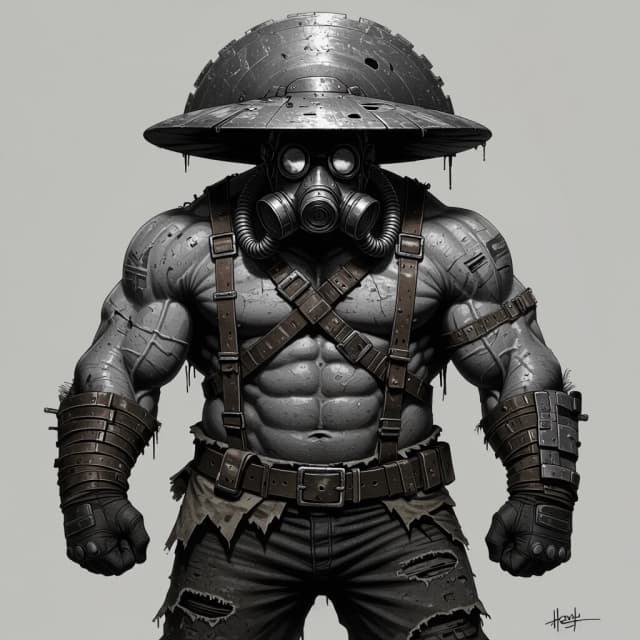 A hulking, massively muscular giant of a man, a post-apocalyptic trader with an enormous, heavily built physique, broad shoulders like a bull, his entire body wrapped in a chaotic mess of tattered rags, frayed cloth, and scavenged leather straps, his face hidden behind a sinister respirator gas mask with multiple corrugated tubes, but instead of a hat, a gigantic, heavy metal disc rests flat on his head like a wide brim, looking like a salvaged industrial saw blade or shield, black and white ink illustration, highly detailed cross-hatching and stippling, gritty texture, extreme high contrast, cinematic dramatic lighting with deep shadows, imposing silhouette, raw post-apocalyptic vibe, sharp focus, masterpiece