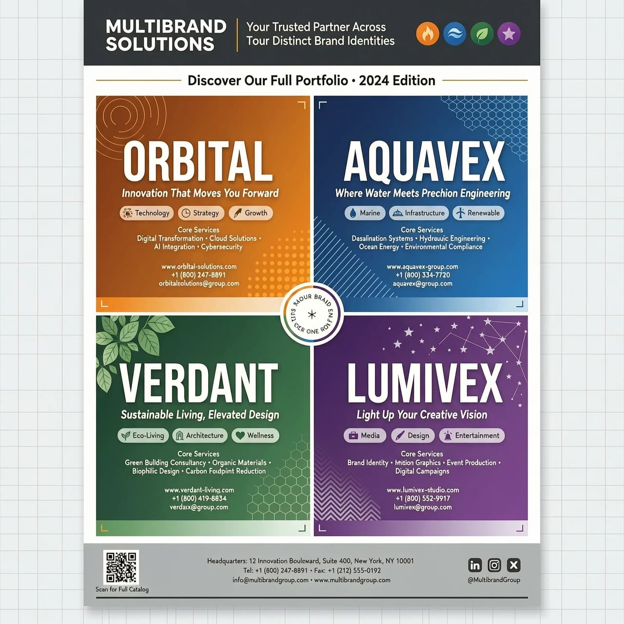 I have 4 brands with 4 different images. I want to create printed advertising material for clients where on the first page I want to place both the images and the necessary information about the brand. The material will be distributed to clients in the form of a flyer. Suggest options