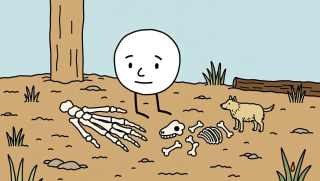 Close-up of flat tan ochre earth inside a grave. On one side, the bony fingers of a bone cream human skeleton hand. Next to it, a small cluster of tiny bone cream animal bones: a small jawbone, little leg bones and ribs, clearly much smaller than the human bones. flat 2D hand-drawn cartoon illustration in a simple webcomic explainer style, clean slightly wobbly black ink outlines of even medium thickness on every shape, stick-figure characters with thin single-line black limbs, tiny line fingers and large perfectly round white heads with small solid black dot eyes and simple expressive line eyebrows and mouth, animals drawn with simplified natural proportions in side view with one flat fur color, a slightly darker accent tone and short texture strokes along the fur edges, flat solid color fills with no gradients, no shading, no cast shadows, no glow and no lighting effects, only sparse short hand-drawn texture strokes on fur, dry grass and wood, muted warm earthy palette of pale sky blue, tan ochre, straw yellow, warm brown, dark chocolate brown, bone cream, stone gray, taupe, rust red ochre and soft green with small orange-yellow fire accents, any text written in thin black hand-lettered uppercase marker letters, calm uncluttered composition with one main subject and only a few props, generous empty space, 16:9 horizontal composition, centered subject, plenty of empty negative space