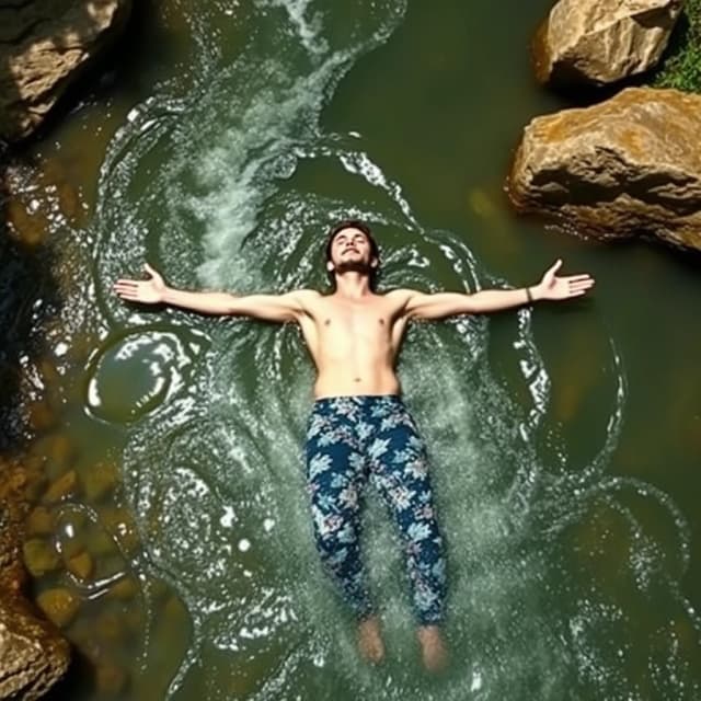 A person floating in a river, arms wide open, eyes closed. The river bends naturally around rocks, but the person is carried smoothly. Symbol of flow, trust, surrender to life. Bright nature, colorful, peaceful, wide shot,