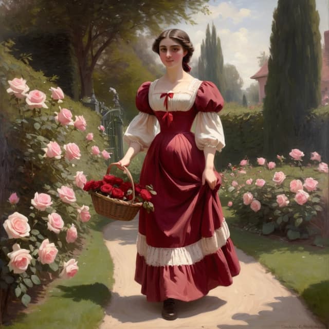 Full-length, vertical oil painting of a young woman in a flowing crimson 19th-century dress with puffed sleeves and delicate lace trim, bending to pick pale pink roses from a sunlit garden path; she carries a woven wicker basket overflowing with roses in shades of cream, blush, deep rose and burgundy, her dark hair loosely pinned with a red ribbon, soft tendrils framing a smiling, serene face. Dappled golden-hour light filters through birch-like trees, creating warm highlights and gentle shadows, luminous skin tones, rich saturated reds and lush greens. A playful fluffy white cat leaps at her skirt in the foreground, adding motion and charm. Painterly, impressionist-realist style, visible impasto brushstrokes, high-detail textures in fabric, petals and fur, soft atmospheric background with depth, romantic, nostalgic mood, balanced composition with leading path and layered midground and background foliage.