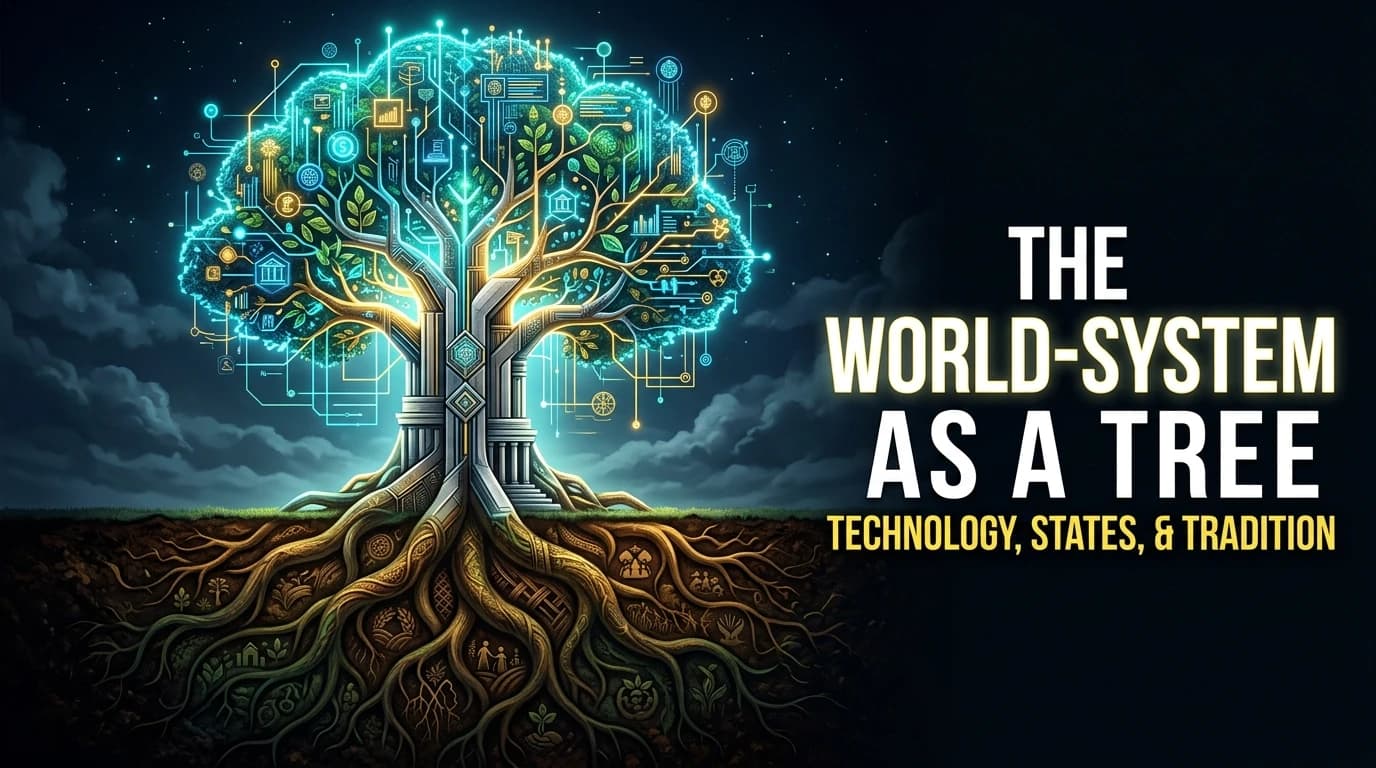 A 16:9 YouTube thumbnail illustration of the "world-system as a tree" metaphor. The upper canopy forms a luminous, network-like crown of glowing data streams, geometric foliage, and floating nodes in neon cyan and electric gold, symbolizing global techno-civilization and digital finance. The central trunk is monumental and structured, blending polished stone and architectural lines to represent nation-states and institutional frameworks. Below the surface, massive ancient roots spread through dark, rich soil, rendered in warm earthy tones with subtle organic textures (woven patterns, root fibers, agrarian motifs), representing traditional societies that sustain the system from the shadows. The composition features a clear vertical gradient from bright tech-luminosity above to deep organic darkness below. Ample clean negative space on the right third for bold title text. High-contrast, cinematic lighting, modern digital illustration style, optimized for YouTube thumbnail impact.