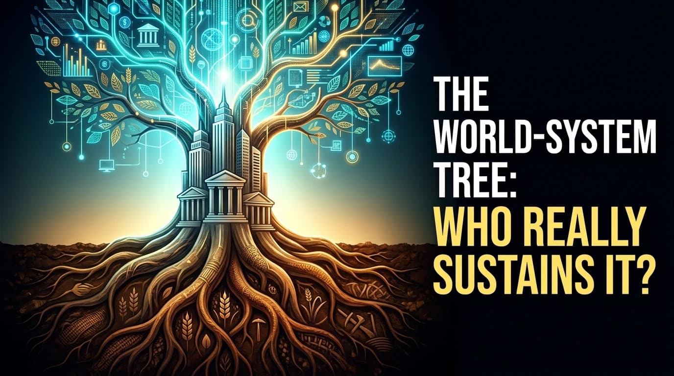 A 16:9 YouTube thumbnail illustration of the "world-system as a tree" metaphor. The upper canopy forms a luminous, network-like crown of glowing data streams, geometric foliage, and floating nodes in neon cyan and electric gold, symbolizing global techno-civilization and digital finance. The central trunk is monumental and structured, blending polished stone and architectural lines to represent nation-states and institutional frameworks. Below the surface, massive ancient roots spread through dark, rich soil, rendered in warm earthy tones with subtle organic textures (woven patterns, root fibers, agrarian motifs), representing traditional societies that sustain the system from the shadows. The composition features a clear vertical gradient from bright tech-luminosity above to deep organic darkness below. Ample clean negative space on the right third for bold title text. High-contrast, cinematic lighting, modern digital illustration style, optimized for YouTube thumbnail impact.