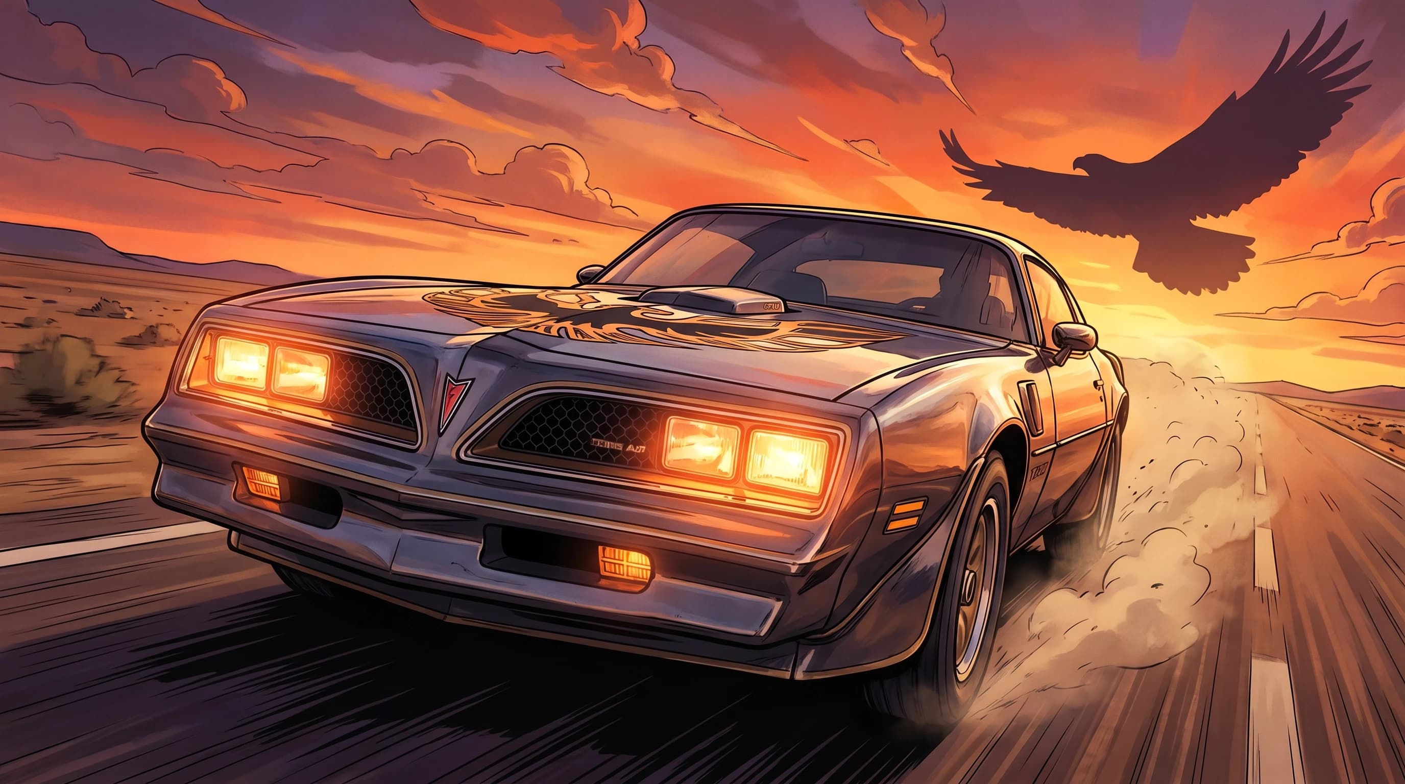 Pontiac Firebird 1977 года, едет по дороге, эпичный ракурс, горящие фары, на фоне силуэта орла, шедевр, крупный план, стиль аниме с реалистичными деталями