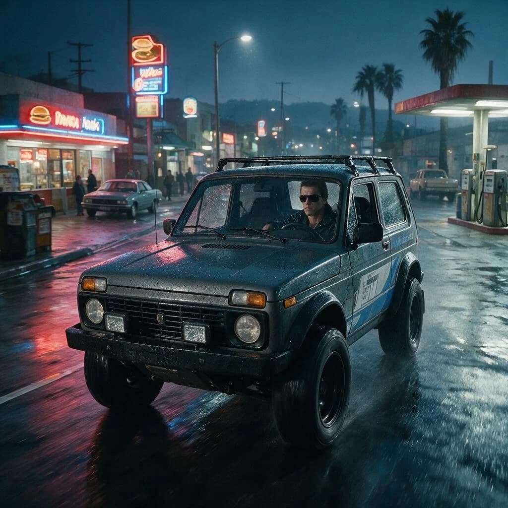 Terminator is driving a Niva with a rally body kit with a face from a reference photo, humid atmosphere, cinematic composition, photorealistic, movie still style, Los Angeles 1980, epic wide shot,ultra detailed,realistic,