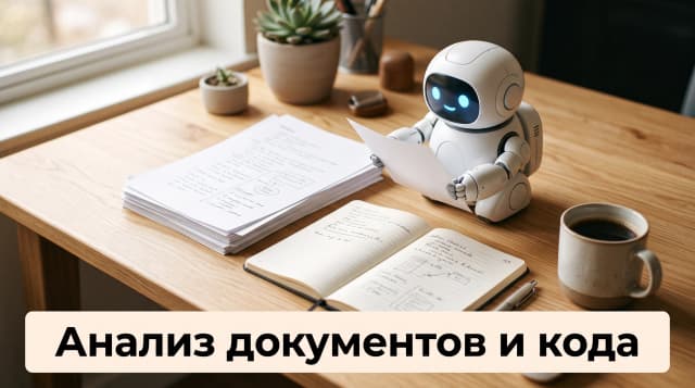 A warm photograph of a tidy wooden desk from above with a stack of paper documents, an open notebook and a coffee cup. A friendly small white robot with a round glowing blue face sits on the desk, gently holding one sheet of paper and studying it. Soft daylight, shallow depth of field, clean composition, no screens visible. At the bottom, a clean horizontal banner with bold Russian text "Разбор документов и кода", simple sans-serif, high contrast, occupying under 20% of the image, not covering the hero.
