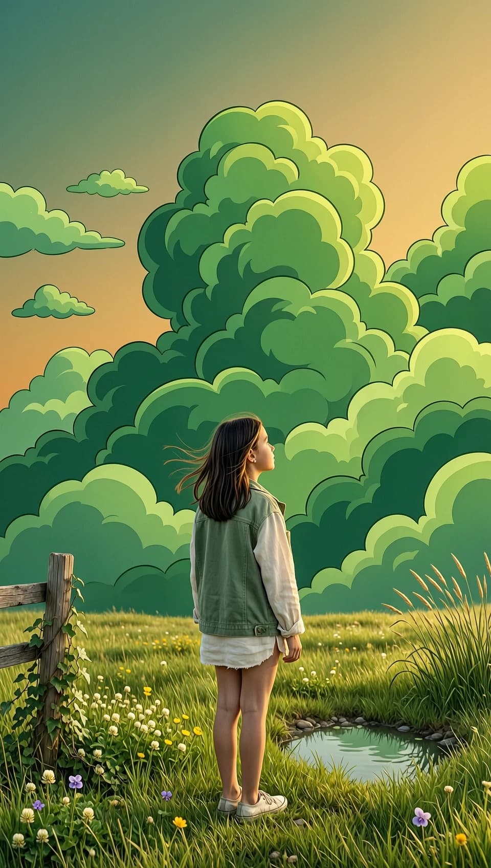Create a realistic photo in a cartoon style. A girl with dark hair is standing with her back to the camera. She is standing in a field and looking at the green, dense clouds.