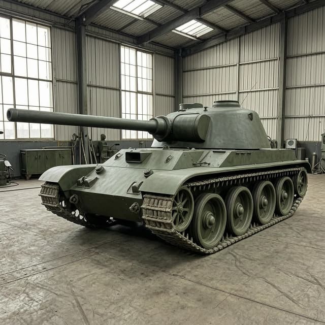 A realistic military photo of a Soviet T-44 tank hull, but heavily modified for a rear-turret layout. The low-profile, sleek hull of the T-44 is clearly recognizable with its distinctive flat armor plates and five road wheels on each side. A modified large Soviet rounded cast turret is mounted at the very rear. The tank is armed with an incredibly long, straight, slender 152mm gun barrel that stretches far forward over the entire hull, featuring a distinctive cylindrical bore evacuator in the middle. Painted in plain Soviet military dark green, standing inside a hangar.