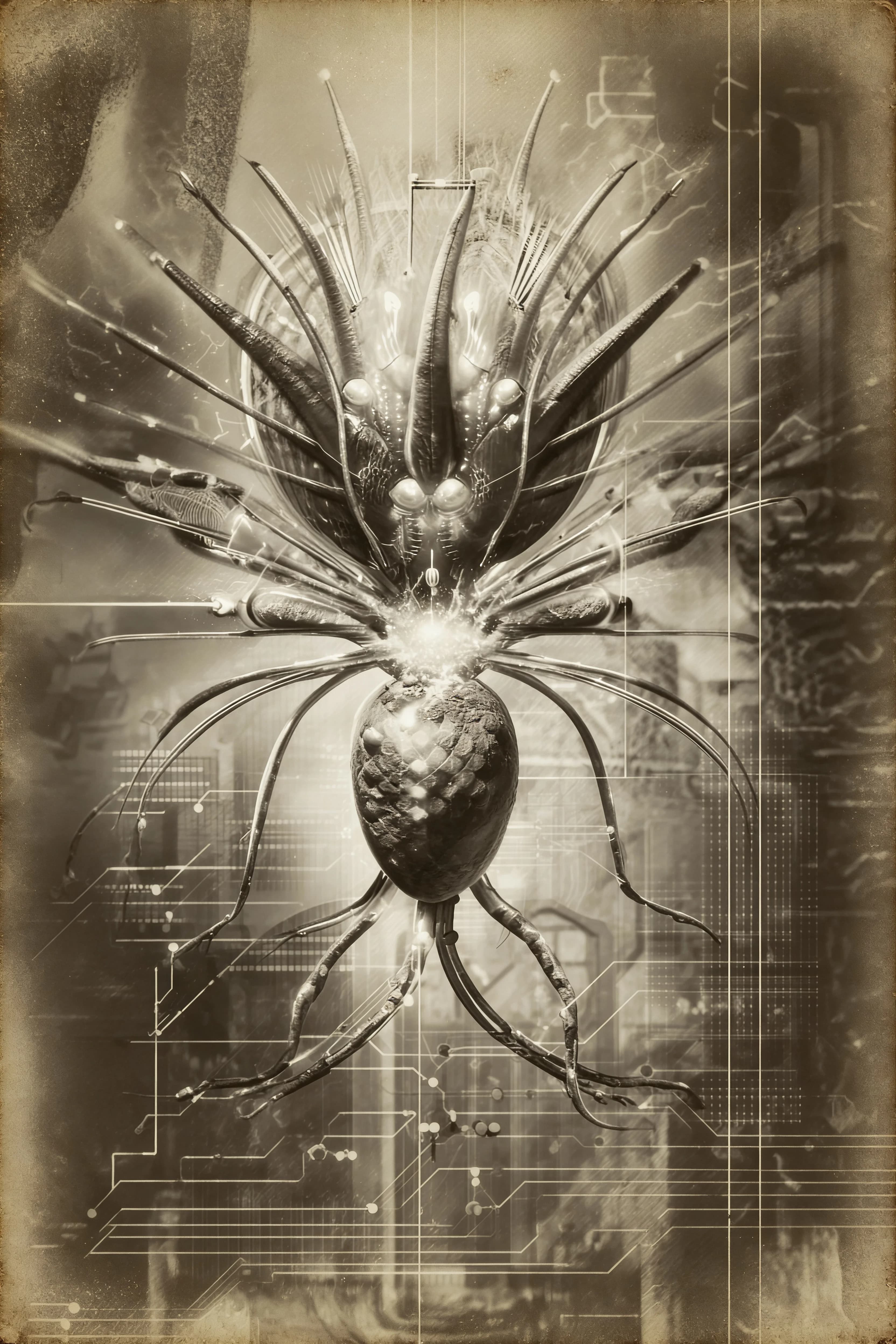 Sci-fi weird fiction illustration. SCP Foundation world's aesthetic. Metamorphic anomalies. Invasive biotransformations. Biological refractions. Metastatic organic structures. Aesthetic of 1930s photographs. Photo-like realistic imitation of surfaces, textures, physical and optical effects and shapes.

Save the composition, perspective, angle, colors palette from the attached image. Follow exactly the style, genre, aesthetic, conception, idea described on the first paragraph. Correct repaint wrong and badly drawn elements on the image according to the main image composition and the promt of the first paragraph.