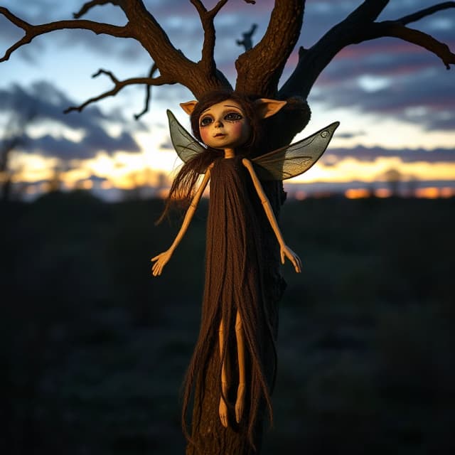 [designed by Dee Nickerson and Craigie Aitchison::5], Fae Voodoo doll, it is made from Oak tree, at Sunset, Surprising, L USM, flowing, complex, atmosphere, stunning detail, fine detail, cute, contemporary, beautiful, dynamic dramatic beautiful full taking, very coherent